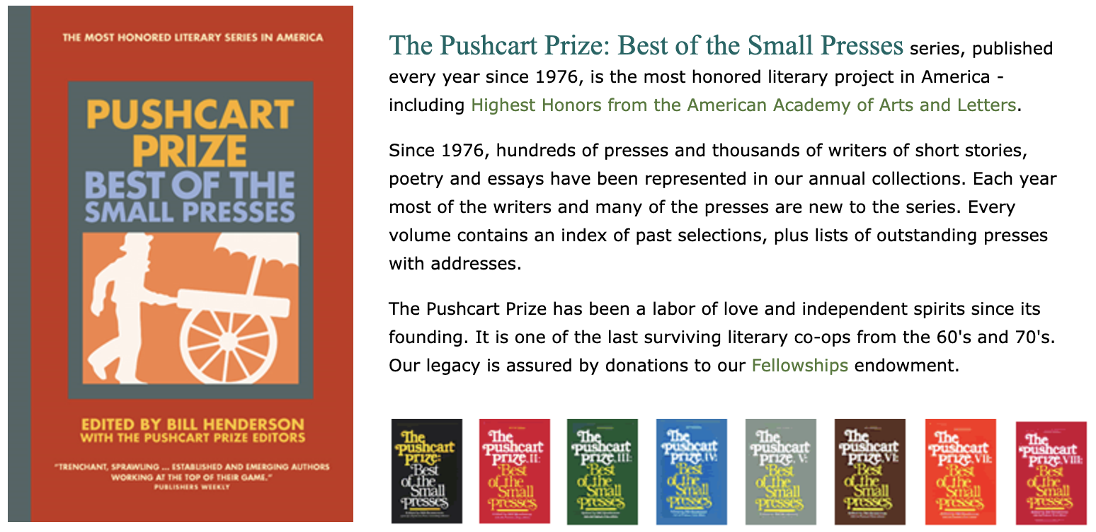 Screen capture from the Pushcart Press Website. It shows the logo of a man pushing a cart and has a block of text about the press. http://www.pushcartprize.com/index.html